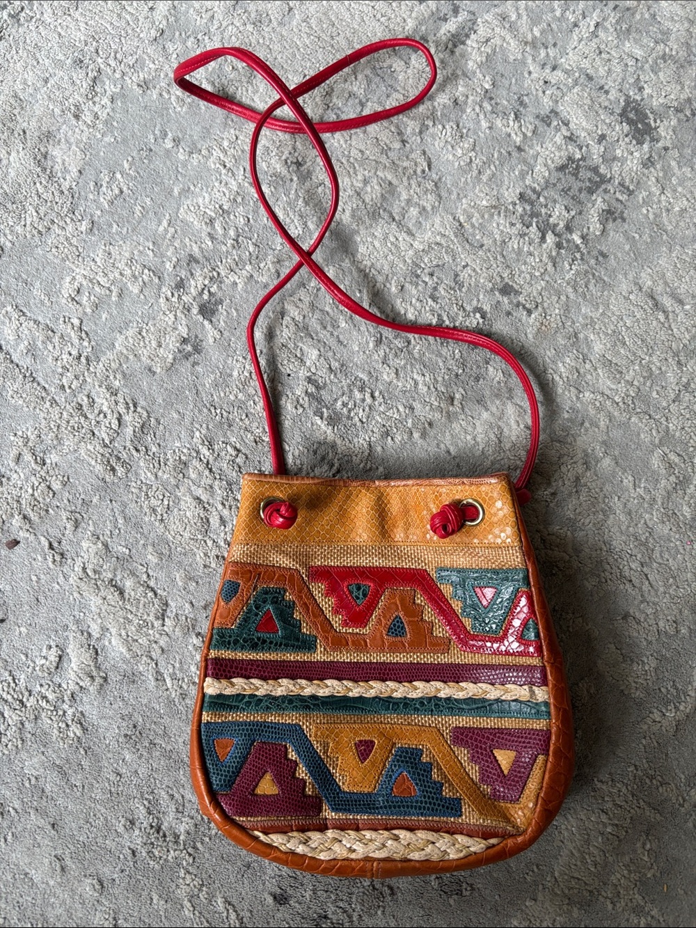 VINTAGE Sharif Multicolor Geometric Crossbody Bag with Red Strap